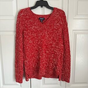 Lands' End Sweater Womens M Petite Red Drifter Cable Knit V Neck Pullover Chunky
